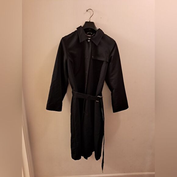 Marina Rinaldi Trench Coat Size 21/M Black Long Tie Designer Evening Career - Picture 1 of 10
